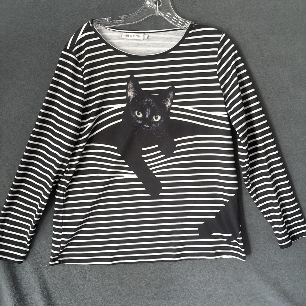 MISSLOOK Striped Black Cat Tee Cozy Graphic Tunic Top Size Large
